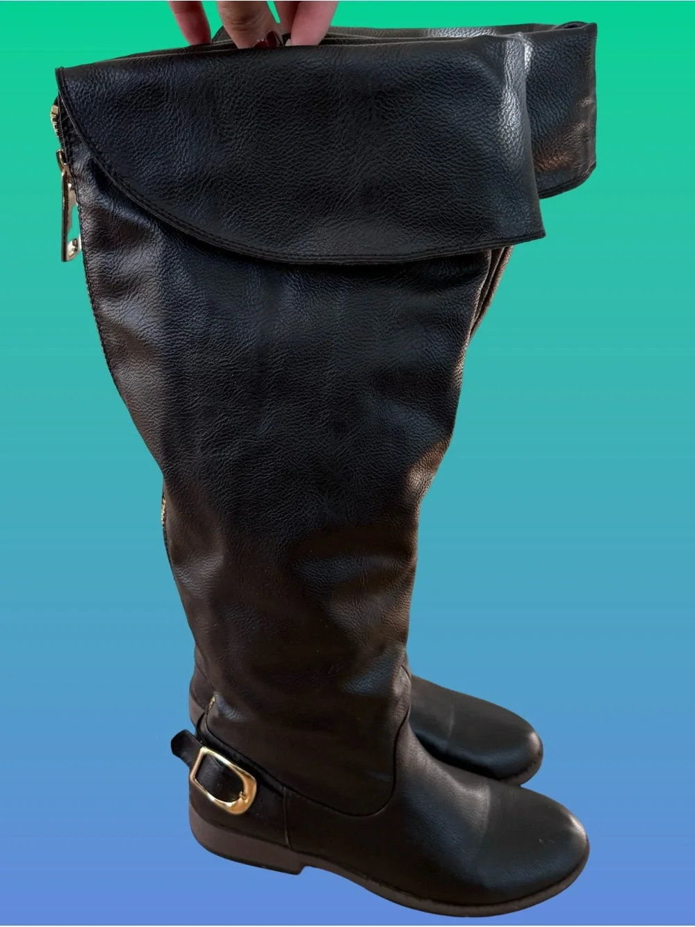 BAMBOO Black Knee-High Boots with Gold Hardware